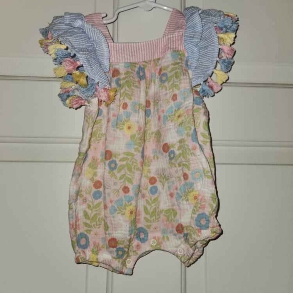 Mud Pie Floral Bodysuit with Ruffle Sleeves - Pink and Blue